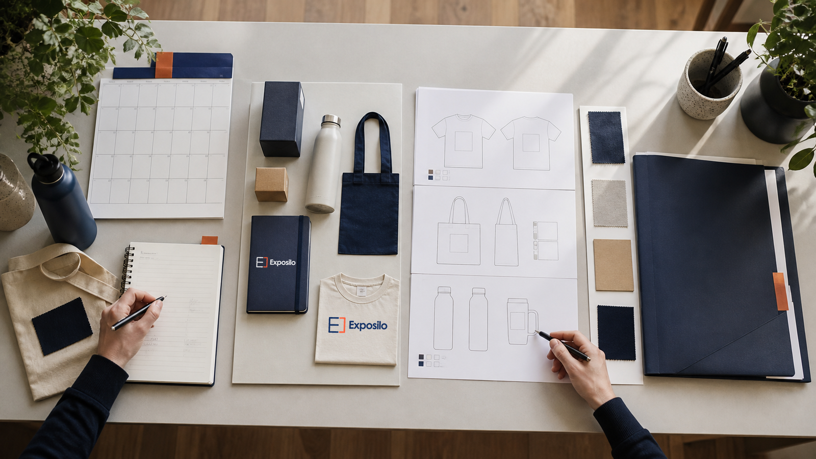 Worktable with planning notes, product directions, artwork sheets and review materials
