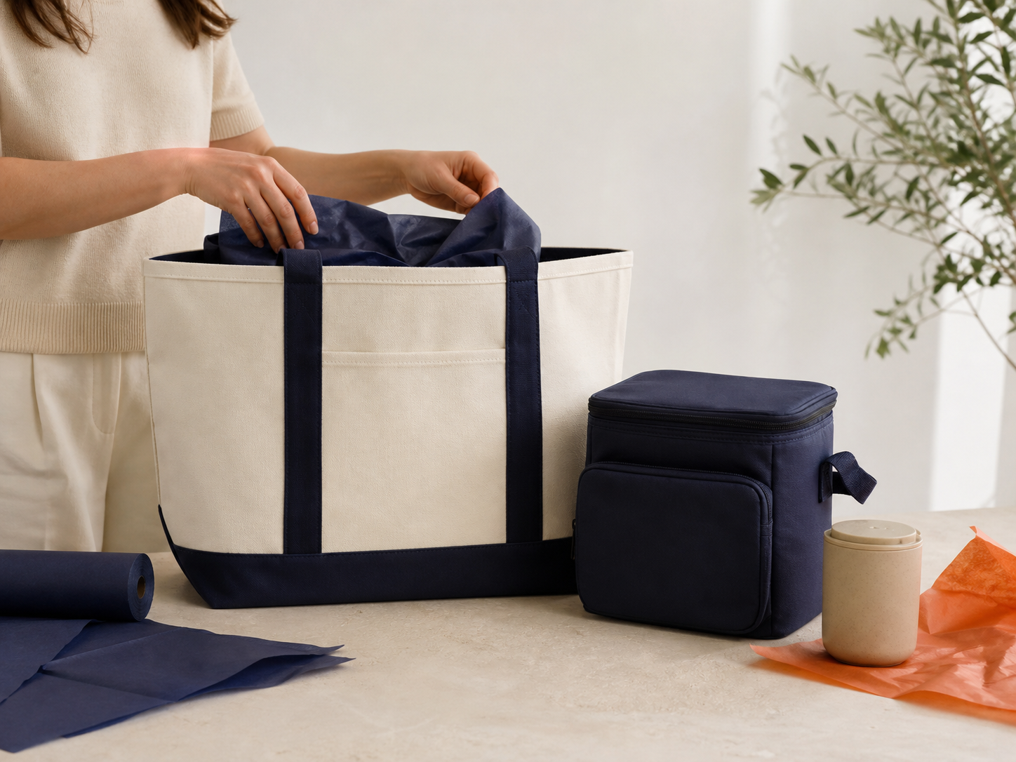 Canvas tote and compact cooler prepared for a team outing