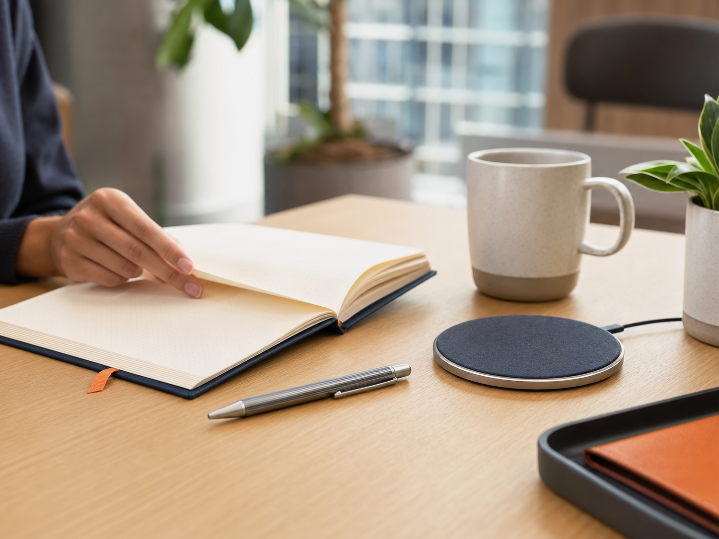 Notebook, pen, mug and wireless charger on a modern desk