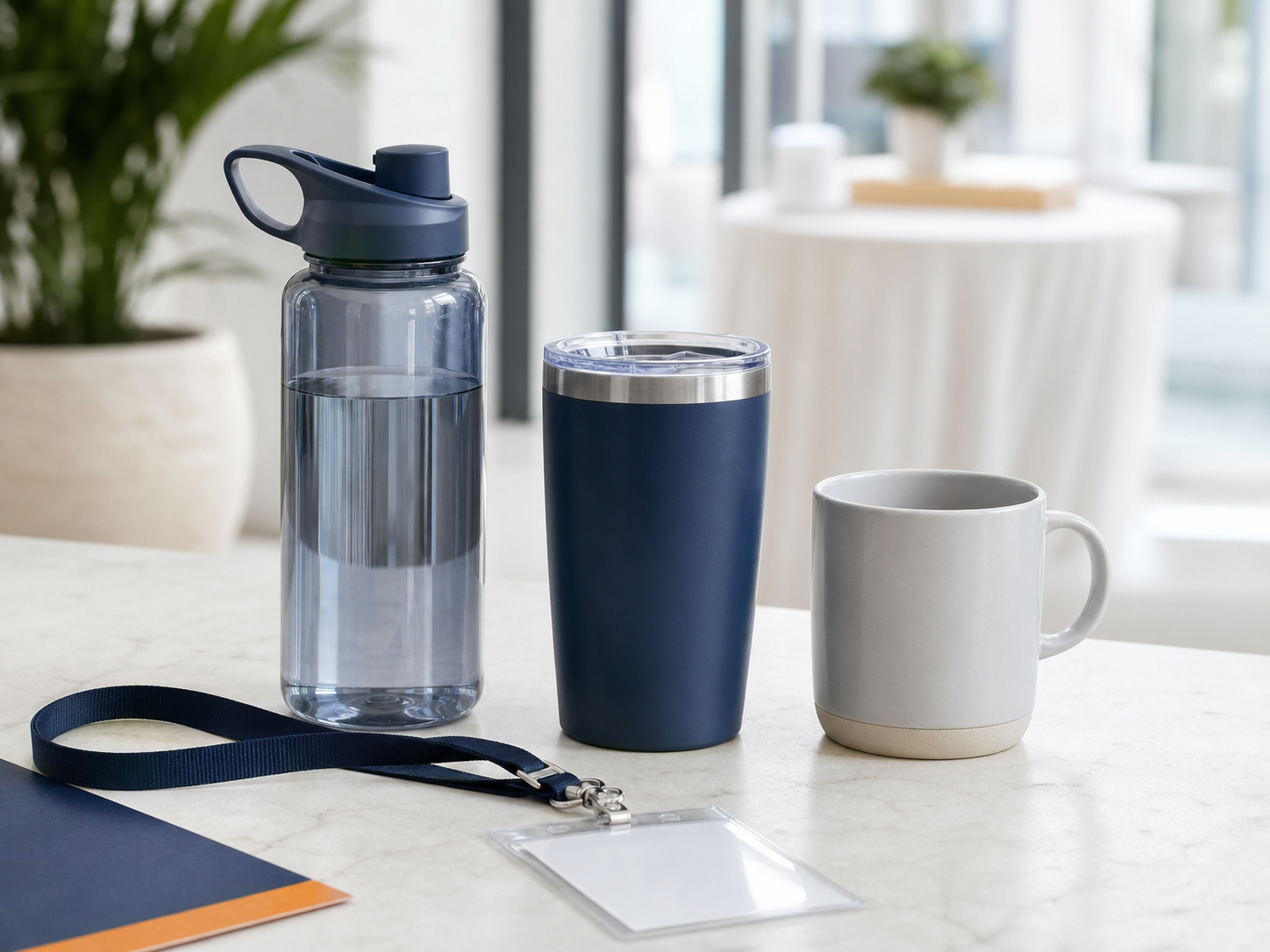 Reusable bottles, tumblers and mugs at a business event