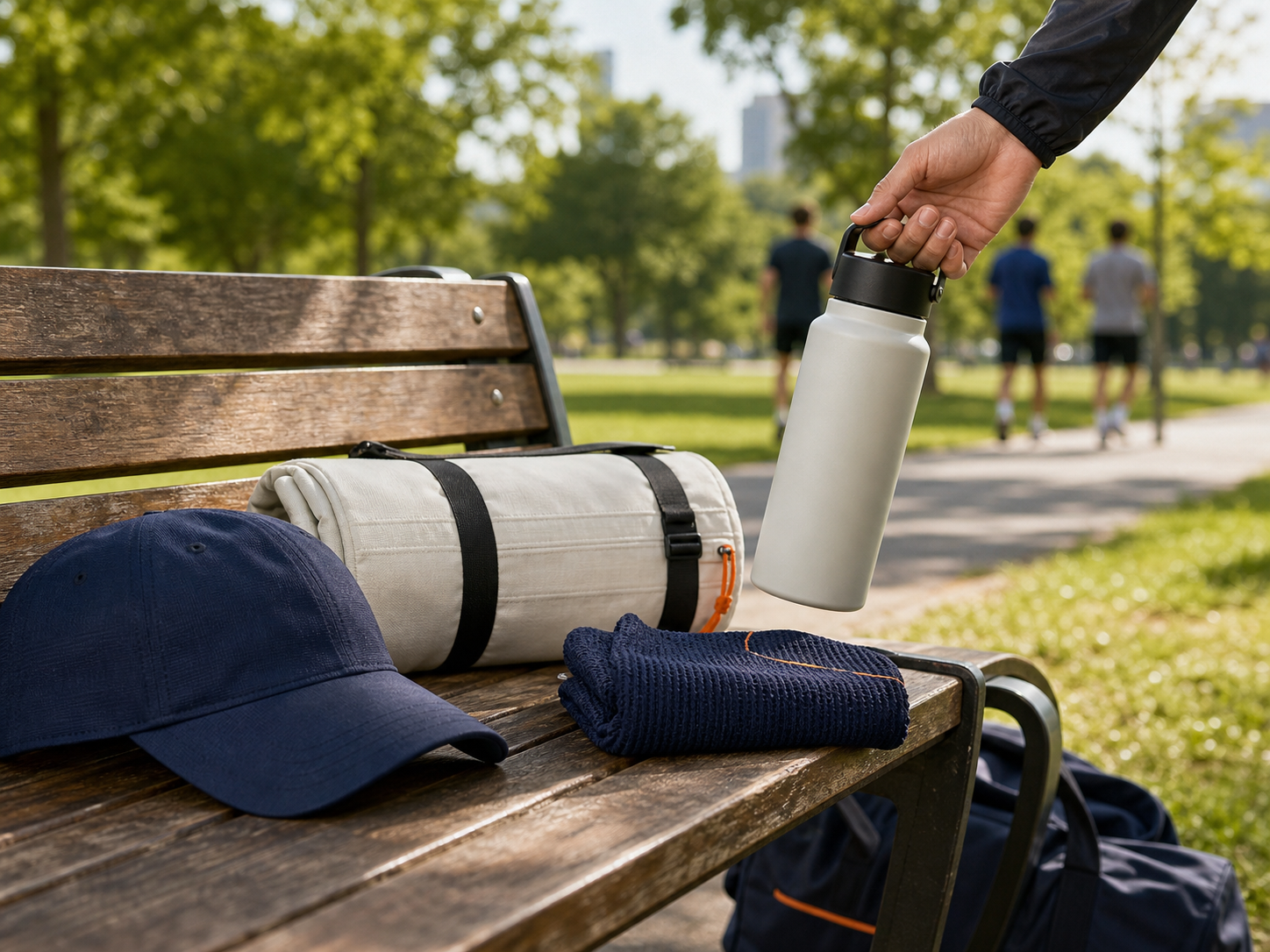 Outdoor event essentials arranged beside a park bench