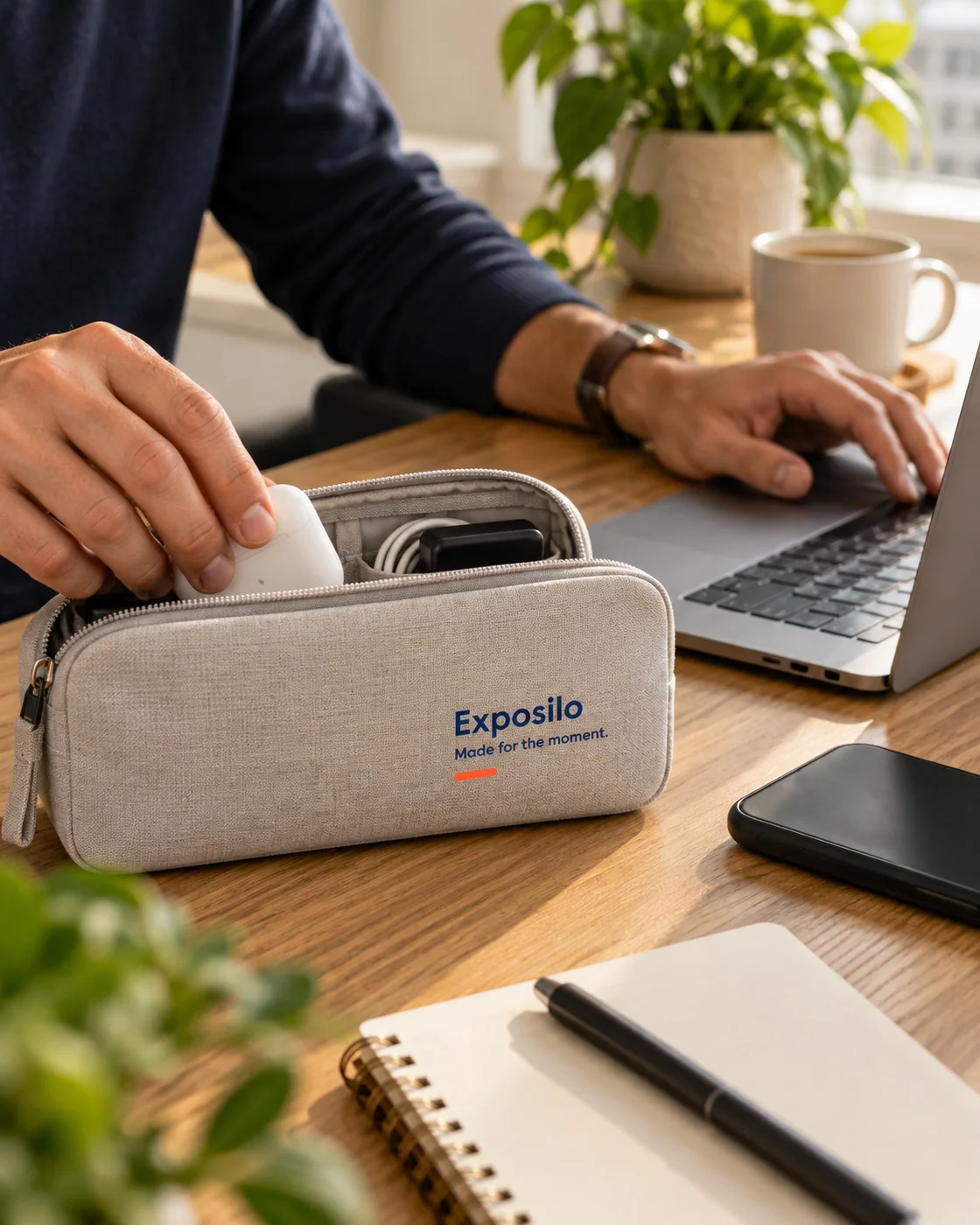 Branded workday technology and gifts arranged on a desk