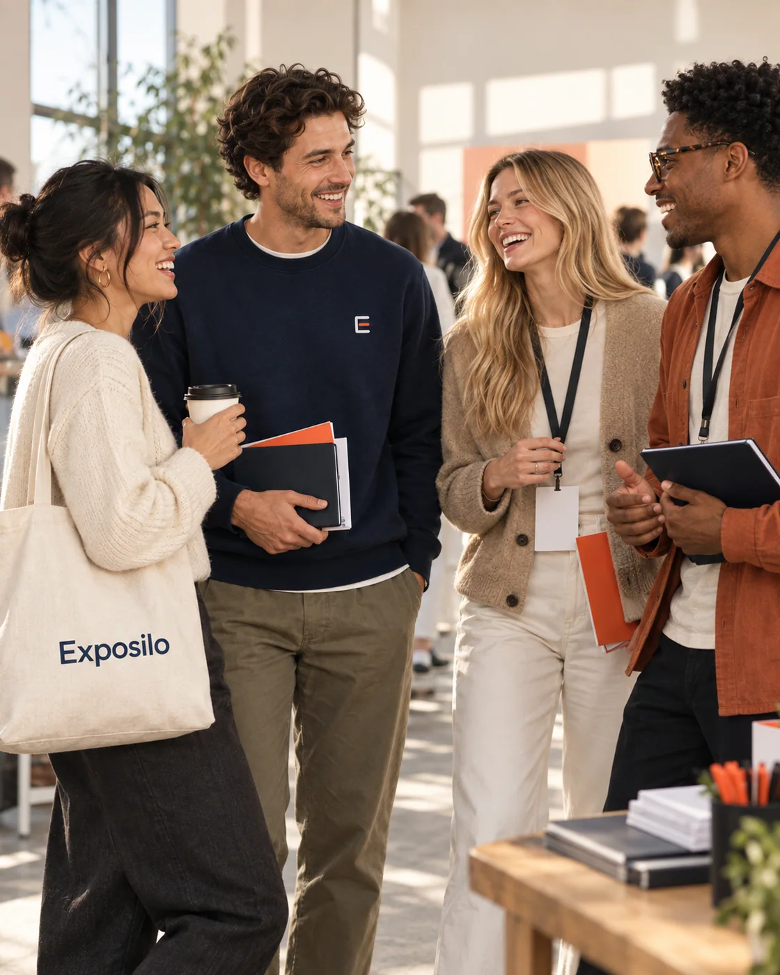 A team talking together before an event, with subtle Exposilo branding