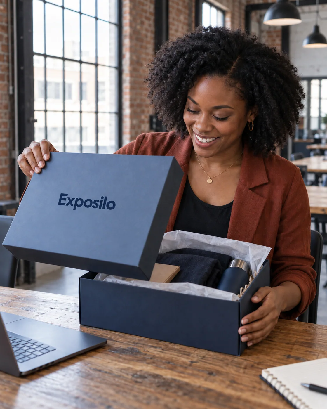A new team member opening an Exposilo welcome gift