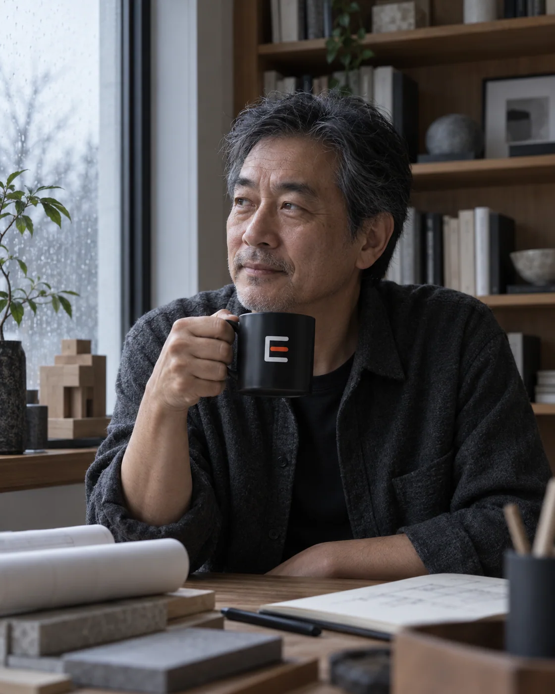 A person using an E-marked mug during the workday