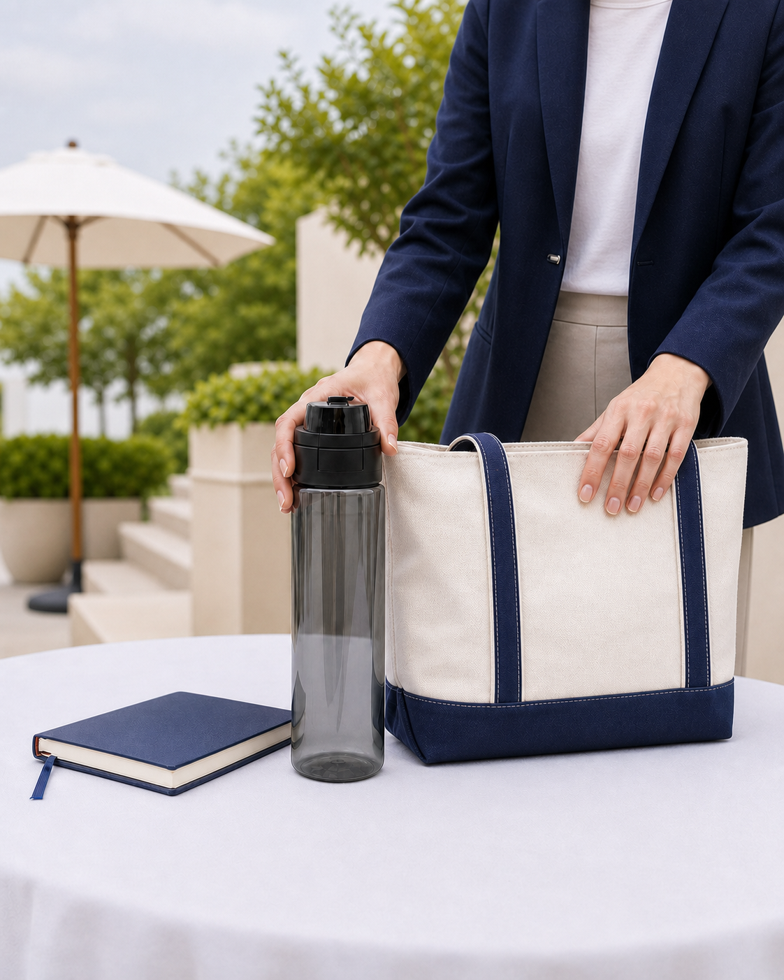 A reusable bottle, event notebook and complete canvas tote prepared for a business program