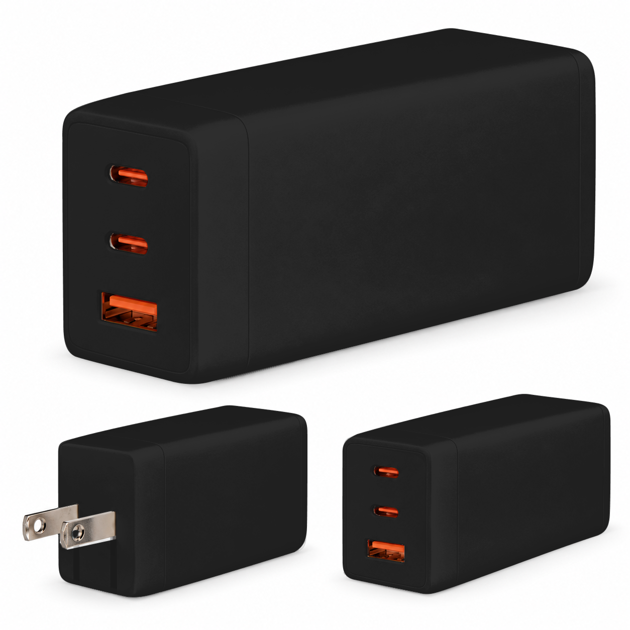 65W Folding Wall Charger with USB-A and Dual USB-C Ports